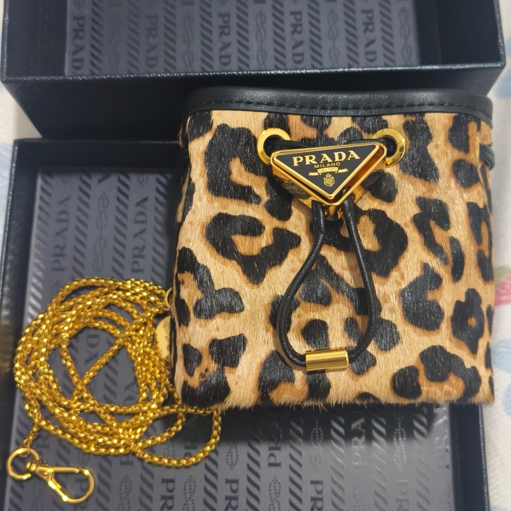 Prada Leopard-Print Mini Card Holder with Gold Chain and Black Trim